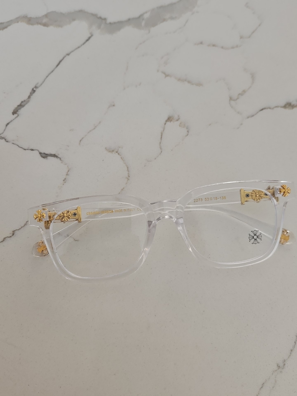 Chrome Hearts Clear Frame Glasses with Gold Floral Accents
